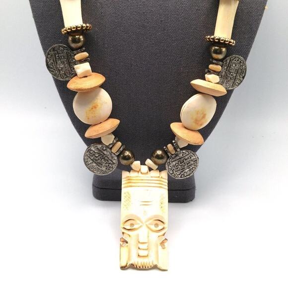 Artisan Tribal Pendant Beaded Necklace, Hand Carved Pendant, 26 Inches - Picture 9 of 9